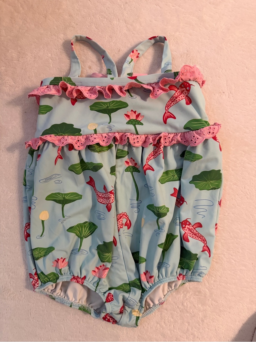 BB Beaufort Bonnet Kids Pink & Blue Koi Print Ruffle Swim Bubble Romper